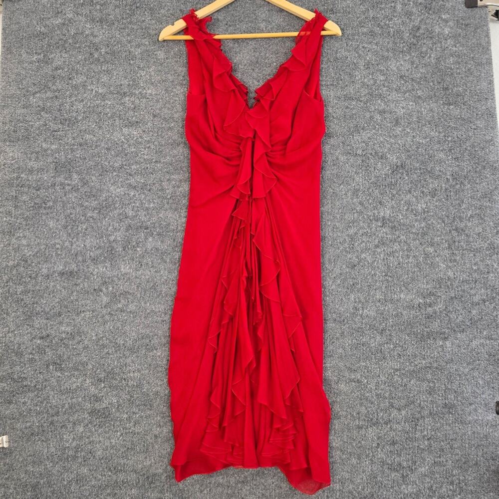 Vtg Melinda Eng Dress 8 Silk Ruffle Ruched Sheath Midi Red Date Bodycon Romantic